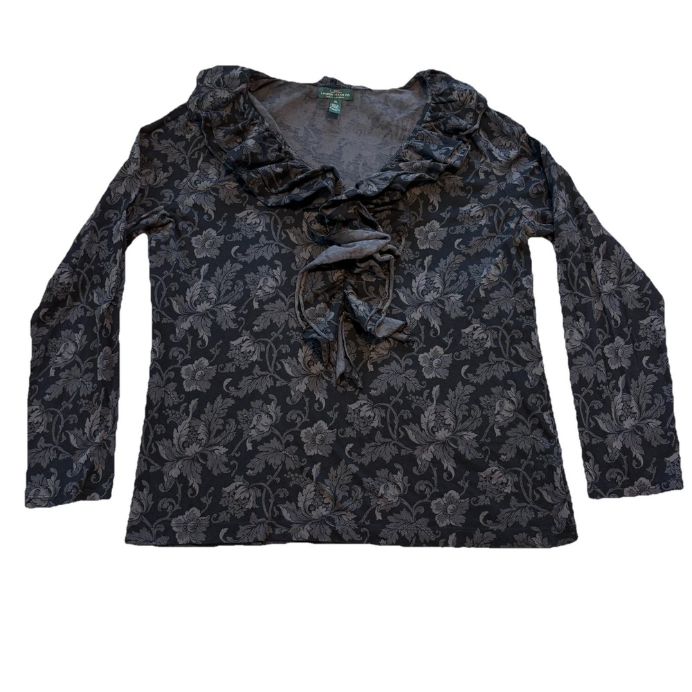 Lauren Ralph Lauren Top Size XL Black Floral Dark Romantic Ruffle Regency Blouse